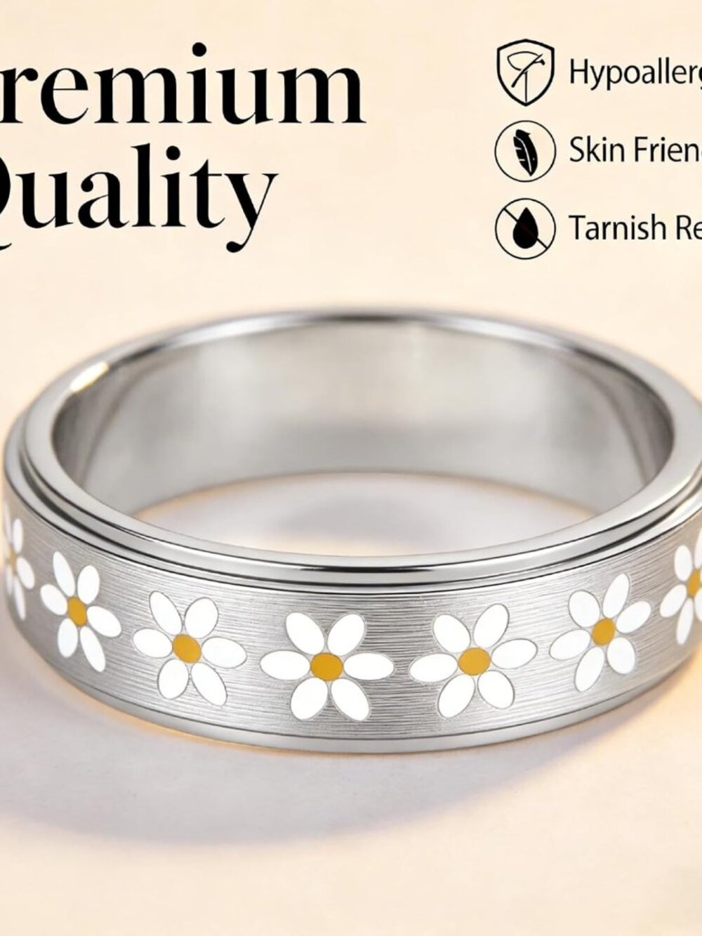Daisy Fidget Ring for Anxiety Relief - 18K Gold Plated Stainless Steel Spinner B - Picture 4 of 7
